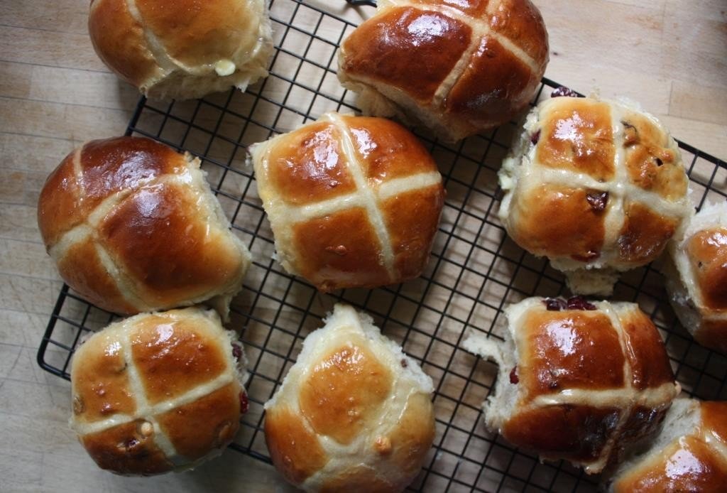 white chocolate and cranberry hot cross buns